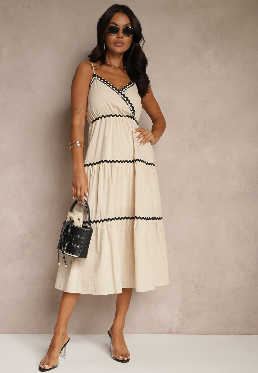 Beżowa Sukienka z Bawełny Ozdobiona Metaliczną Nicią Saraleza