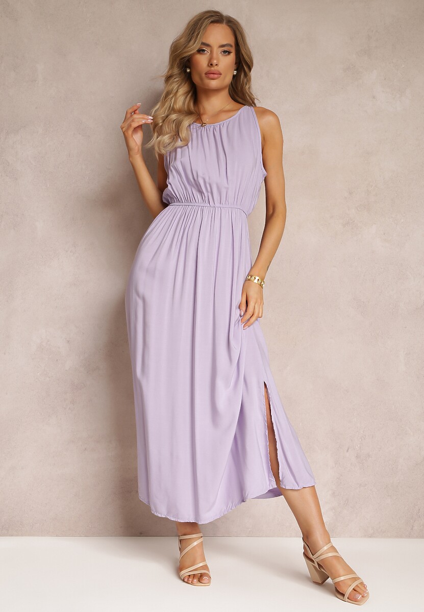 Fioletowa Wiskozowa Sukienka z Gumką w Talii Na Ramiączkach Suzias