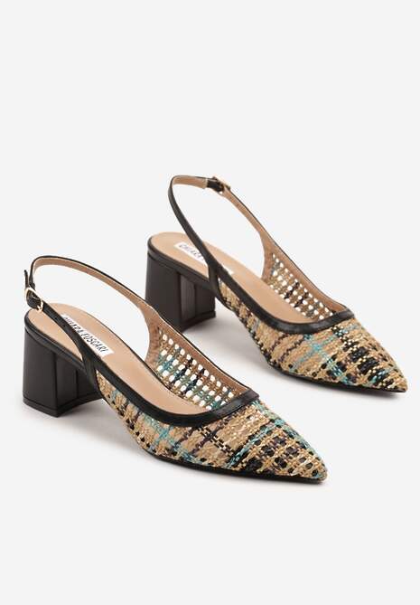 Czarne Sandały na Słupku Slingback Ozdobione Szydełkową Cholewką Novilissea