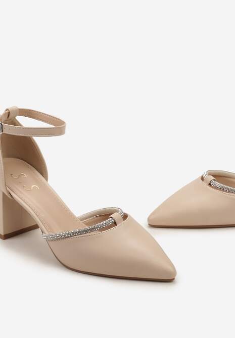 Beżowe Czółenka Ozdobione Cyrkoniami na Słupku z Zapięciem wokół Kostki Verali