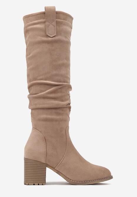 Beżowe Kozaki na Obcasie z Imitacji Zamszu Ozdobione Patkami Tulila
