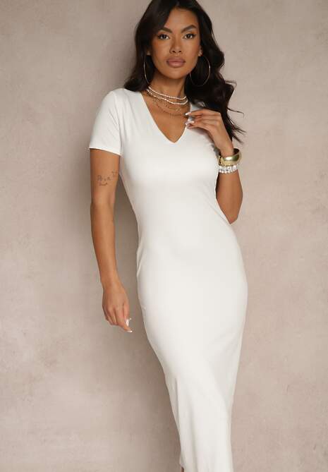 Biała Sukienka Bodycon o Dopasowanym Kroju z Dekoltem w V Efrerina