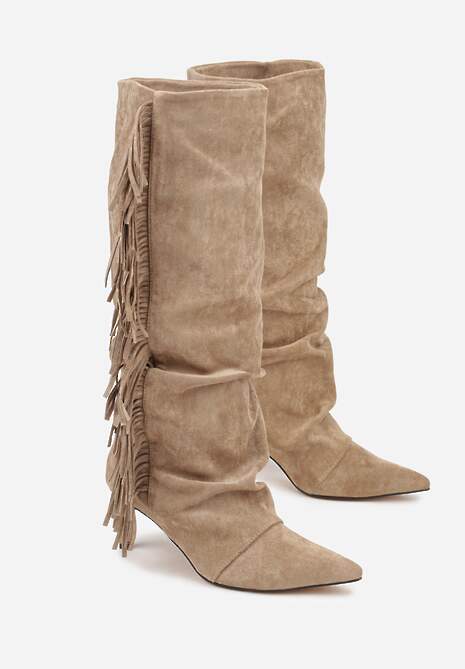 Ciemnobeżowe Kozaki z Imitacji Zamszu na Szpilce z Marszczoną Cholewką z Frędzlami Linotris