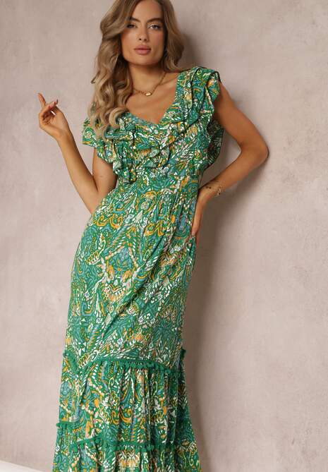 Zielona Wiskozowa Sukienka Maxi z Pomponami i Gumką w Talii Belmona