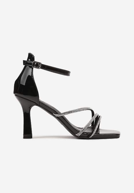 Czarne Sandały Szpilki Zdobione Cyrkoniami Zapinane na Klamerkę Alimora