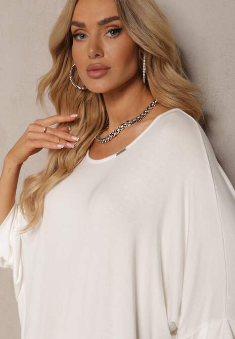 Biała Sukienka z Wiskozy z Krótkim Rękawem w Kroju T-shirt Nelita