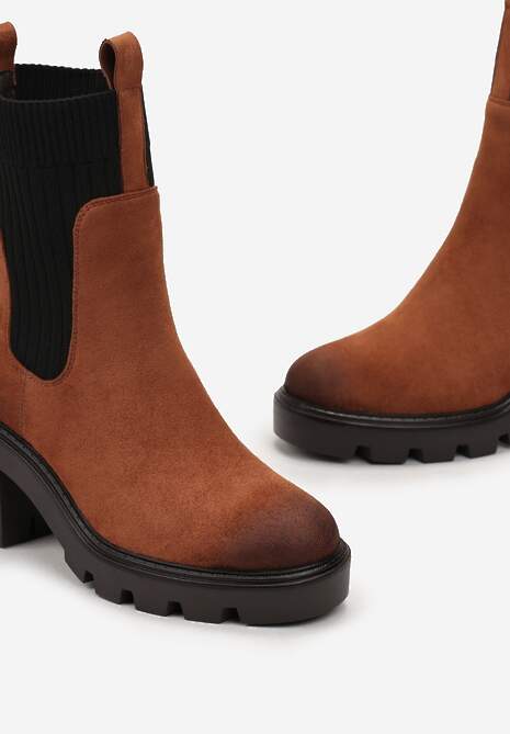 Brązowe Botki na Słupku z Protektorem i Elastyczną Cholewką Nemlle