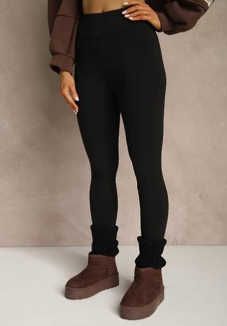 Czarne Klasyczne Legginsy High Waist z Zapiętkami i Ociepleniem Serafeia