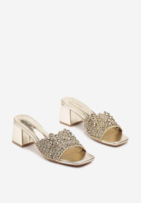 Złote Eleganckie Klapki na Słupku z Kryształkami i Cyrkoniami Selorin