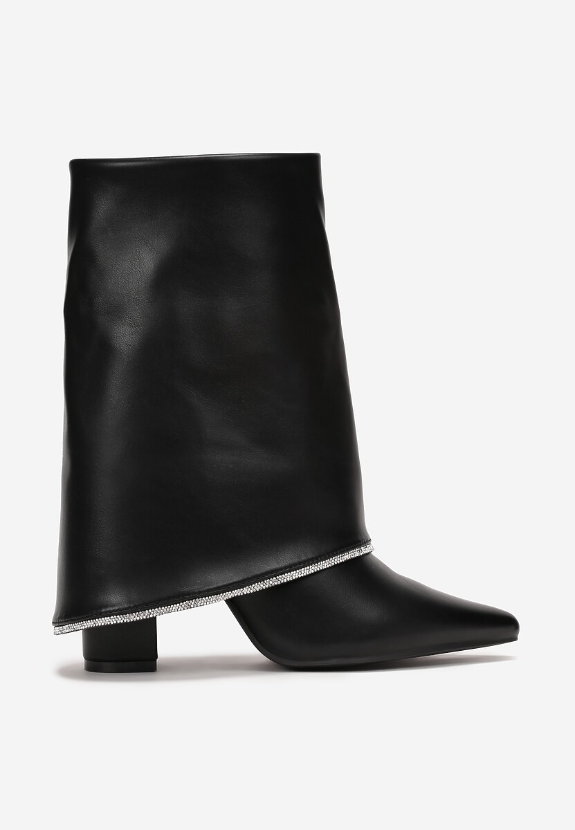 Czarne Botki na Słupku z Wywiniętą Cholewką w Cyrkonie Vabane