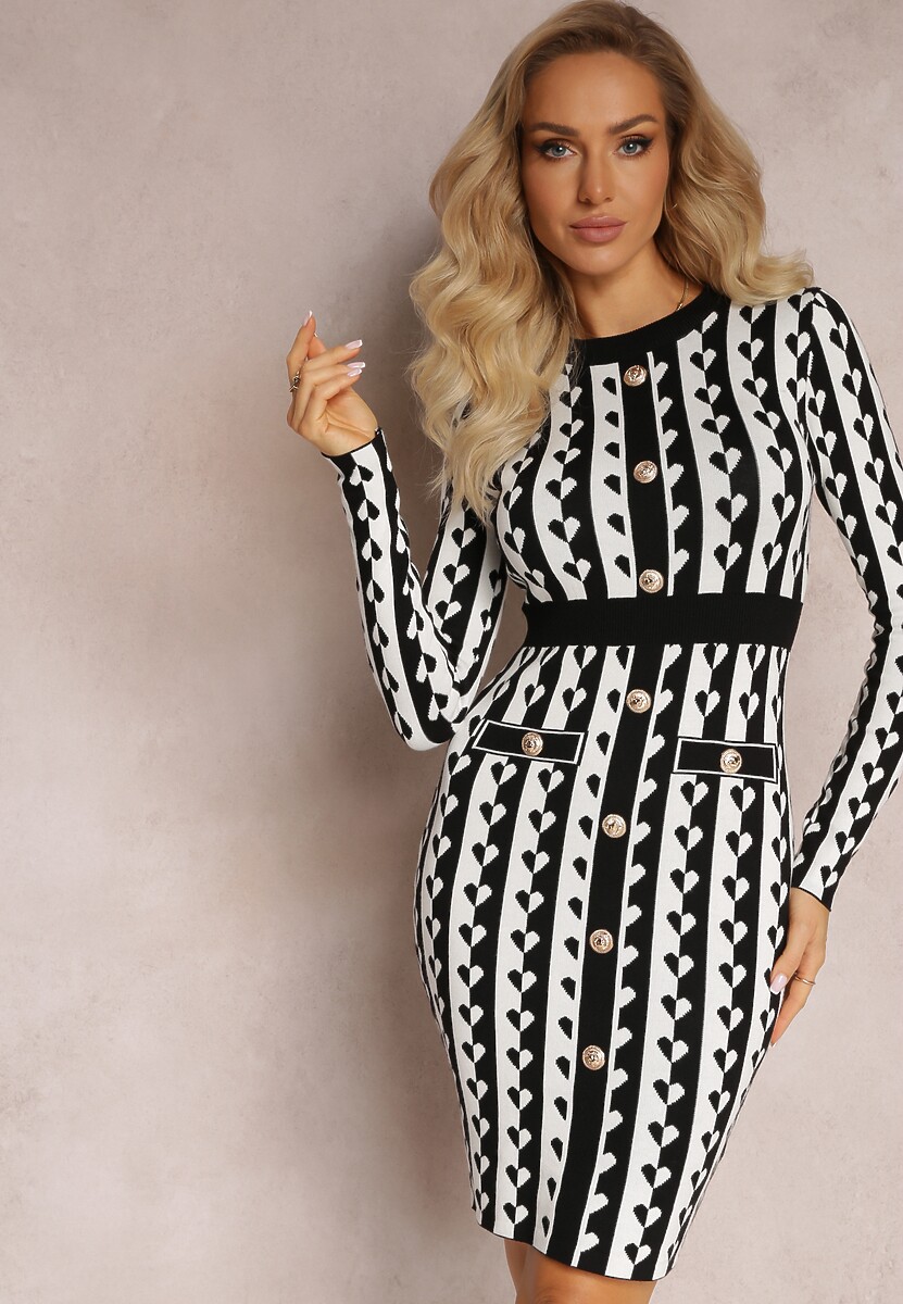 Ciemnobeżowa Dopasowana Sukienka Dzianinowa w Geometryczny Wzór Grimau