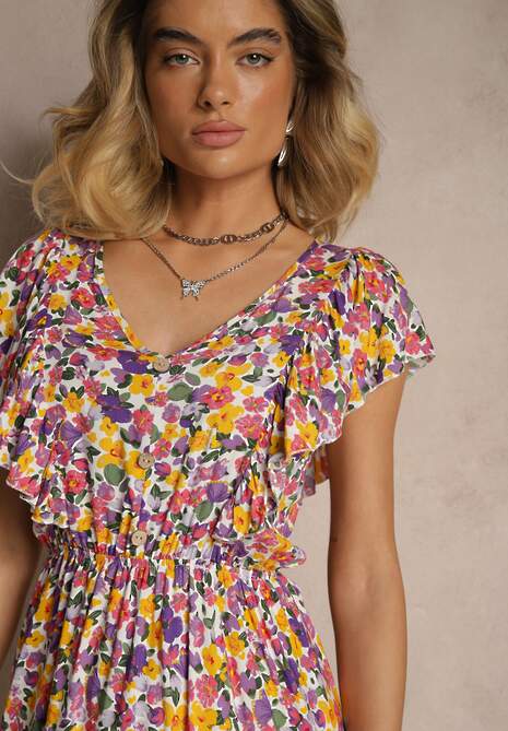 Fioletowa Sukienka Bawełniana o Rozkloszowanym Kroju w Kwiaty z Falbankami Virlio