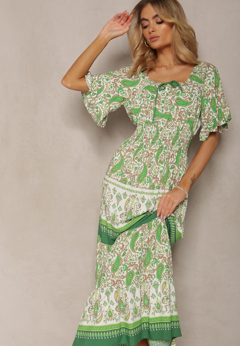 Jasnozielona Bawełniana Sukienka z Ozdobnym Wiązaniem Wykończona Gumką w Pasie Betelia