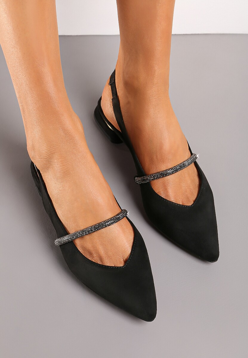 Czarne Czółenka z Noskiem w Szpic Paskiem z Cyrkoniami i Skórzaną Wkładką  Veietta