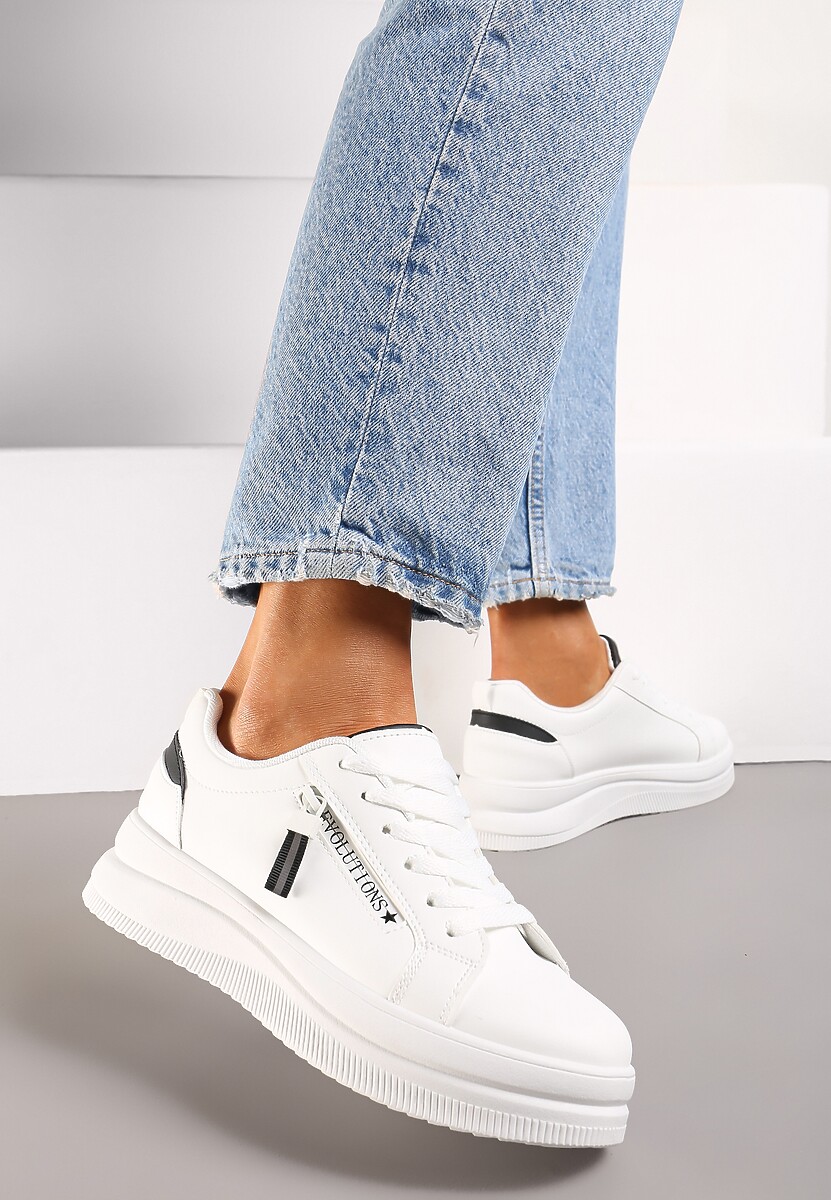 Biało-Czarne Sneakersy na Niskiej Platformie z Ozdobnym Suwakiem na Boku Pertia