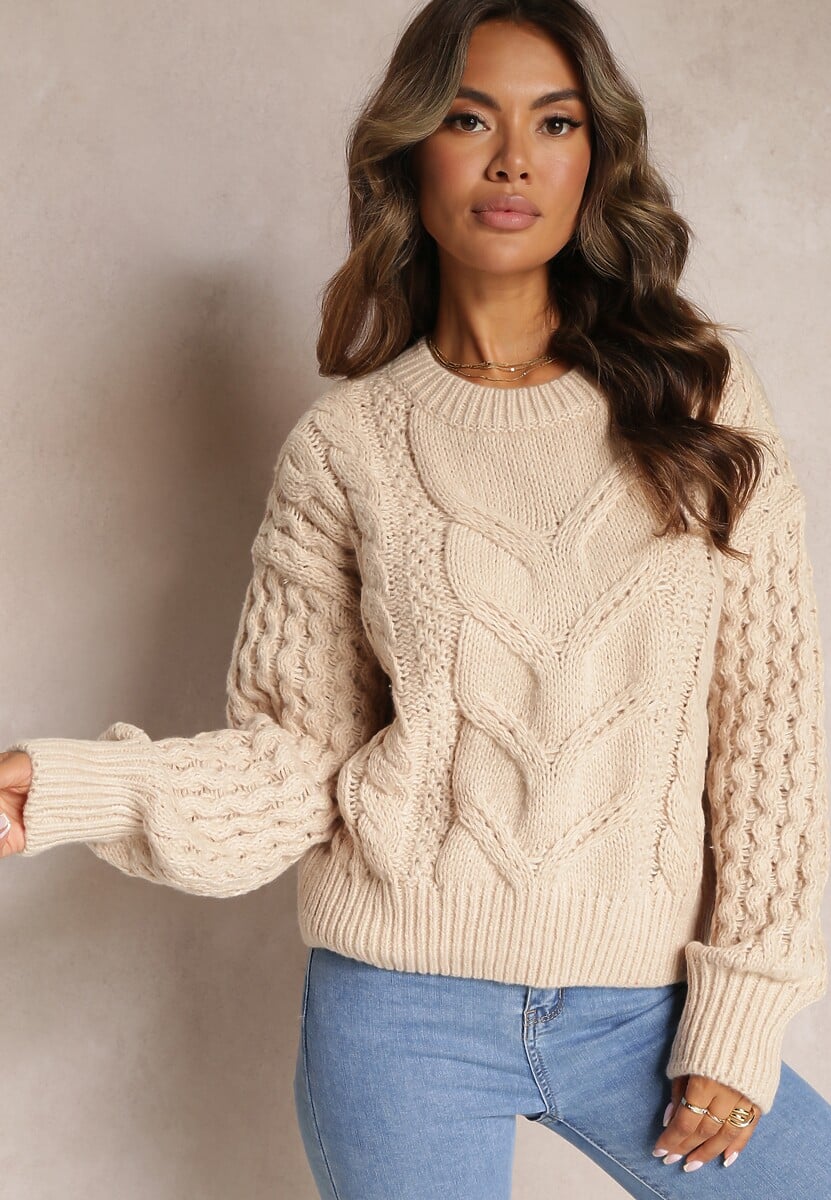 Beżowy Sweter z Wełną i Bawełną w Warkoczykowy Splot Kestina