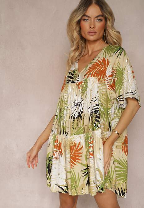 Biało-Pomarańczowa Sukienka o Rozkloszowanym Kroju z Falbanką i Trójkątnym Dekoltem Tiamaya