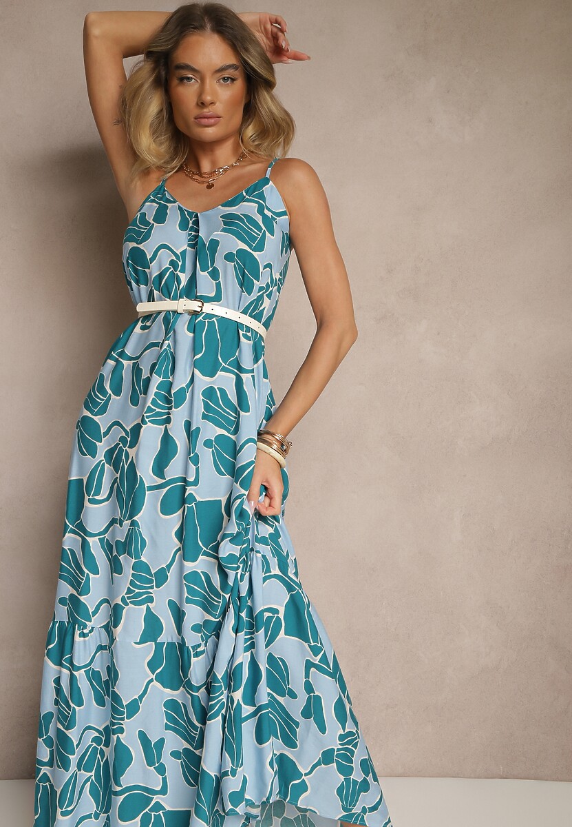 Niebieska Wiskozowa Sukienka o Rozkloszowanym Kroju na Cienkich Ramiączkach Sepalina