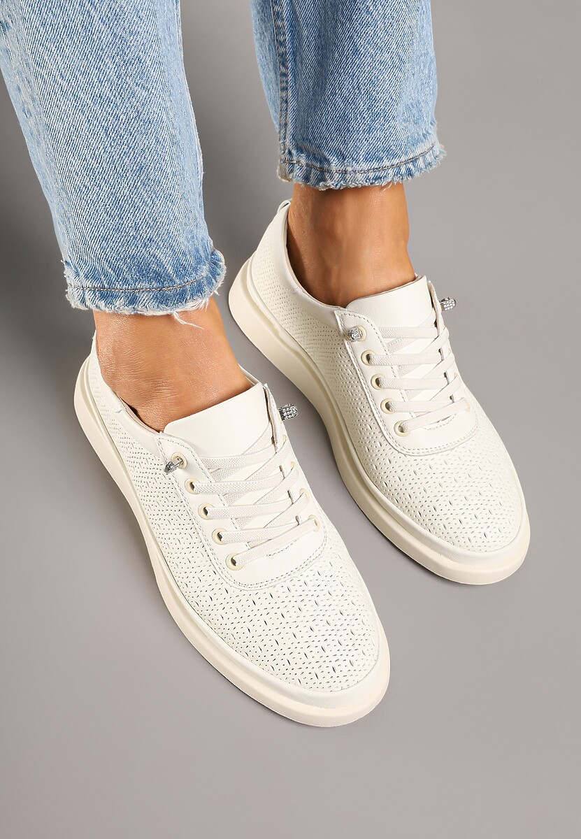 Beżowe Sneakersy Skórzane z Perforacją i Ozdobą Neorielina