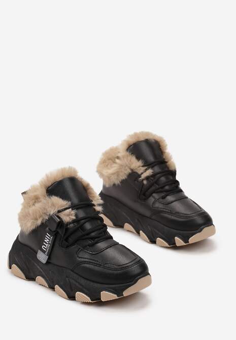 Czarne Sneakersy Przed Kostkę na Płaskiej Grubej Podeszwie z Ociepleniem ze Sztucznego Futerka Borrolla