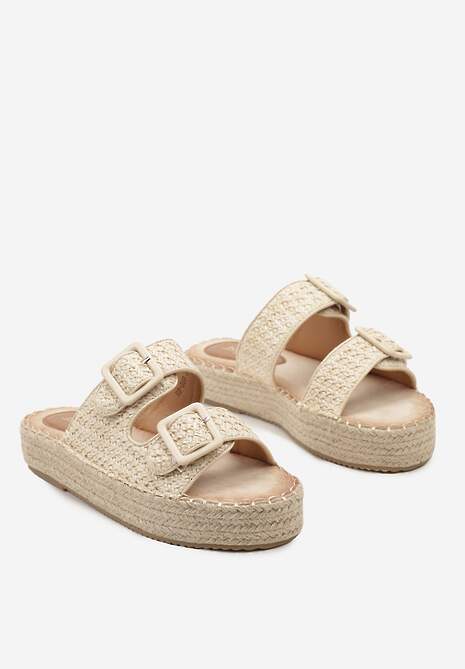 Beżowe Płaskie Klapki Ozdobione Plecionką z Regulowanymi Paskami i Sprzączkami Yannia