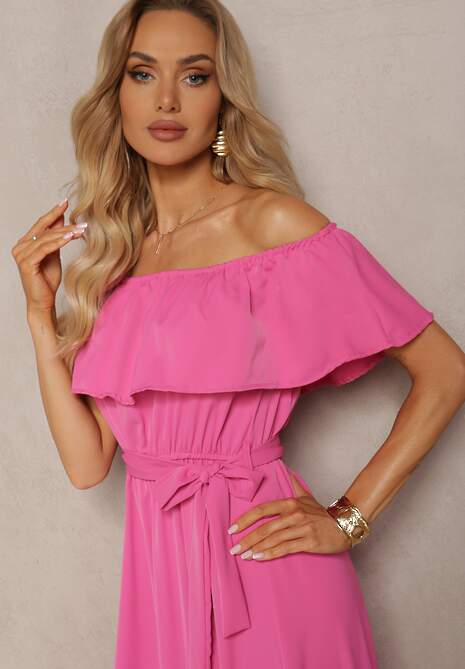 Różowa Hiszapanka Sukienka o Rozkloszowanym Fasonie z Falbanką Naviara