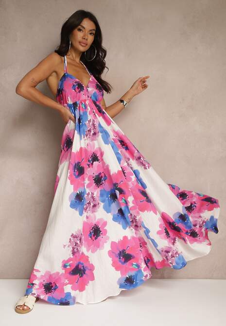 Fuksjowa Rozkloszowana Sukienka z Wiskozy w Kwiaty Wiązana z Tyłu Naluma