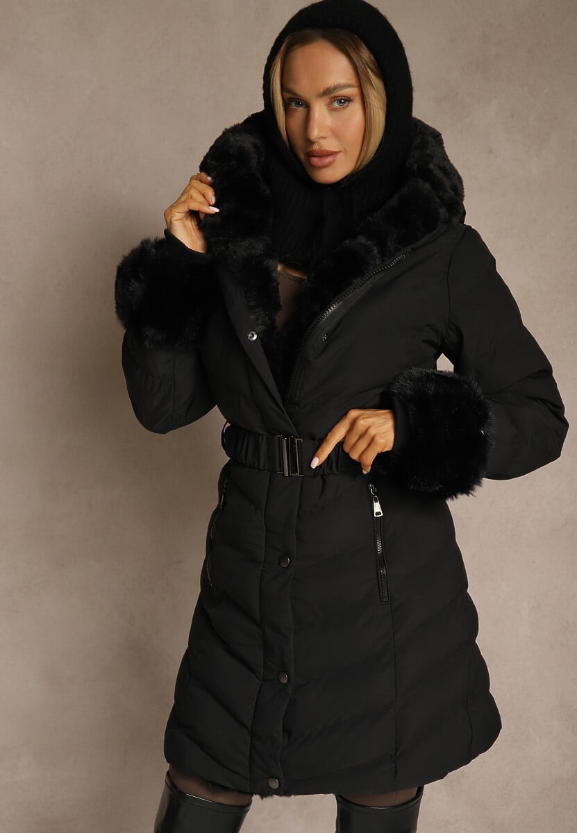 Ciemnozielona Kurtka z Pikowanymi Przeszyciami Mocno Ocieplana z Paskiem i Odpinanym Futerkiem Hedista