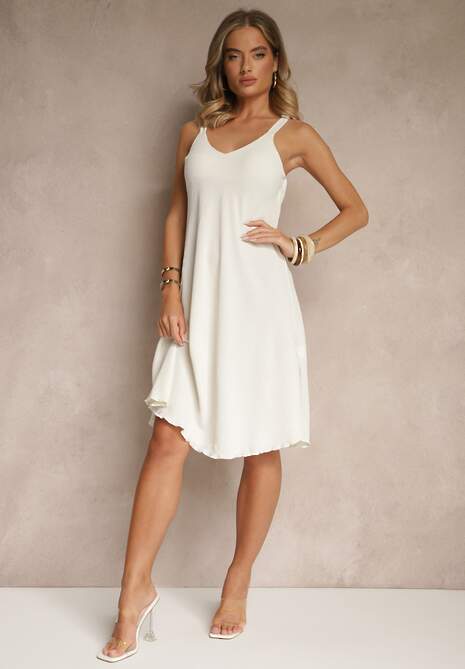 Jasnobeżowa Trapezowa Sukienka z Wiskozy na Ramiączkach z Dekoltem w Serek Folianne