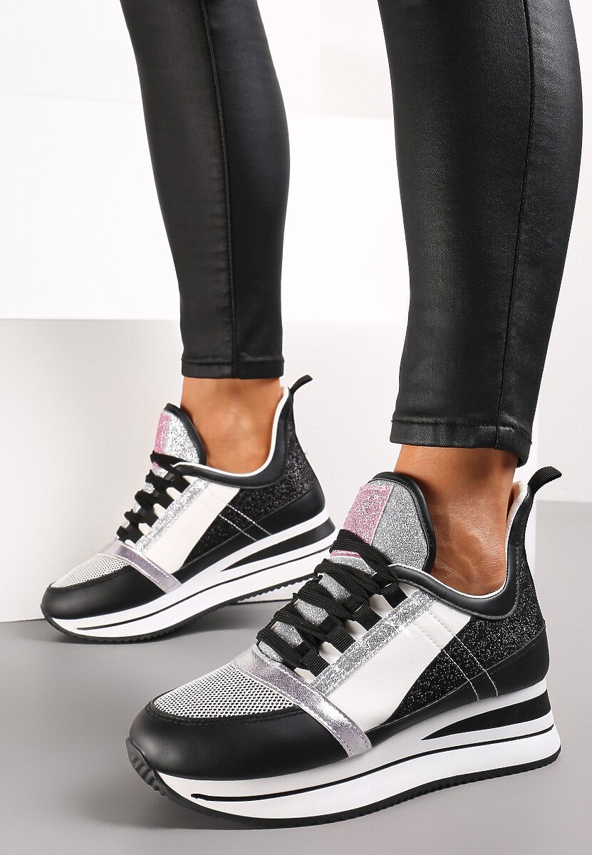 Czarne Płaskie Sneakersy na Grubej Podeszwie ze Sznurowaniem Ozdobione Brokatem Krisfina