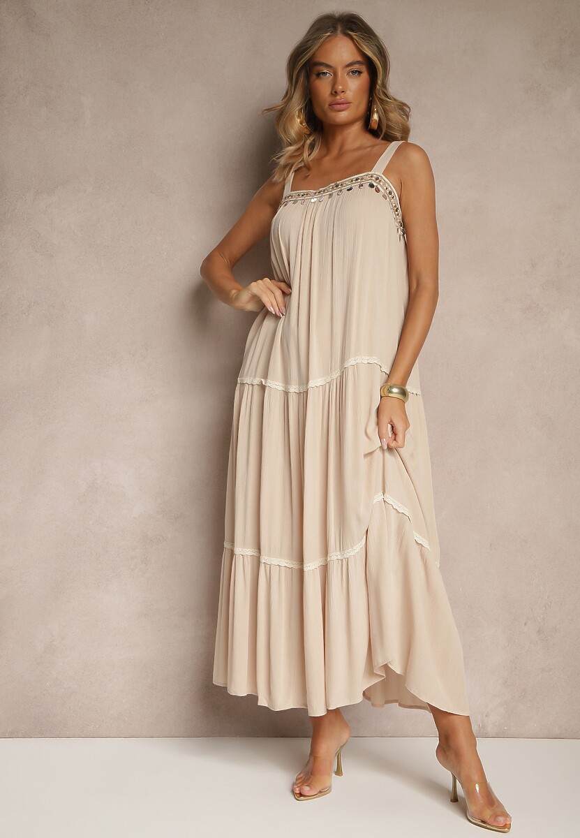 Beżowa Rozkloszowana Sukienka z Wiskozy z Metalicznymi Aplikacjami Sevinda