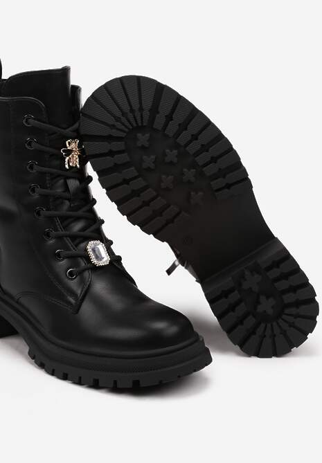 Czarne Botki na Platformie w Stylu Workerów Ozdobione Cyrkoniowymi Aplikacjami Mericia