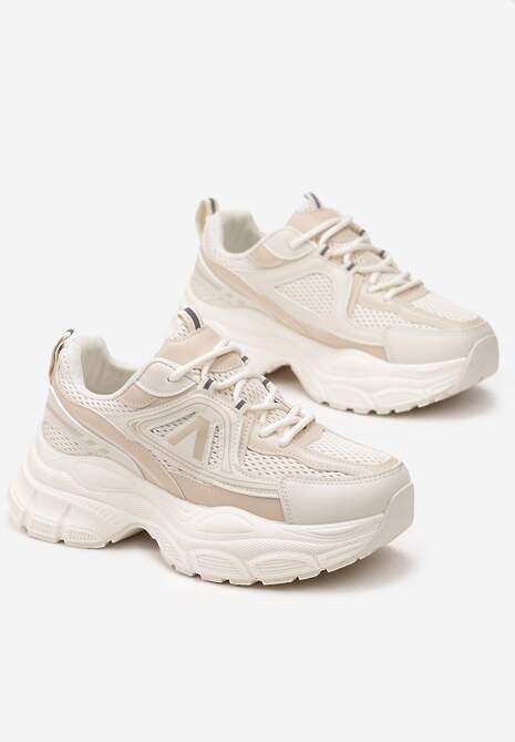 Beżowe Sneakersy z Siateczką i Wstawkami z Ekoskóry na Grubej Podeszwie Anirele