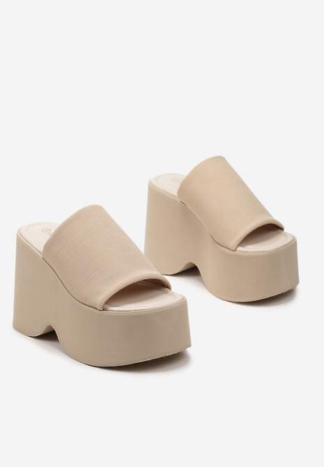 Beżowe Klapki na Wysokiej Platformie z Koturnem Glimris