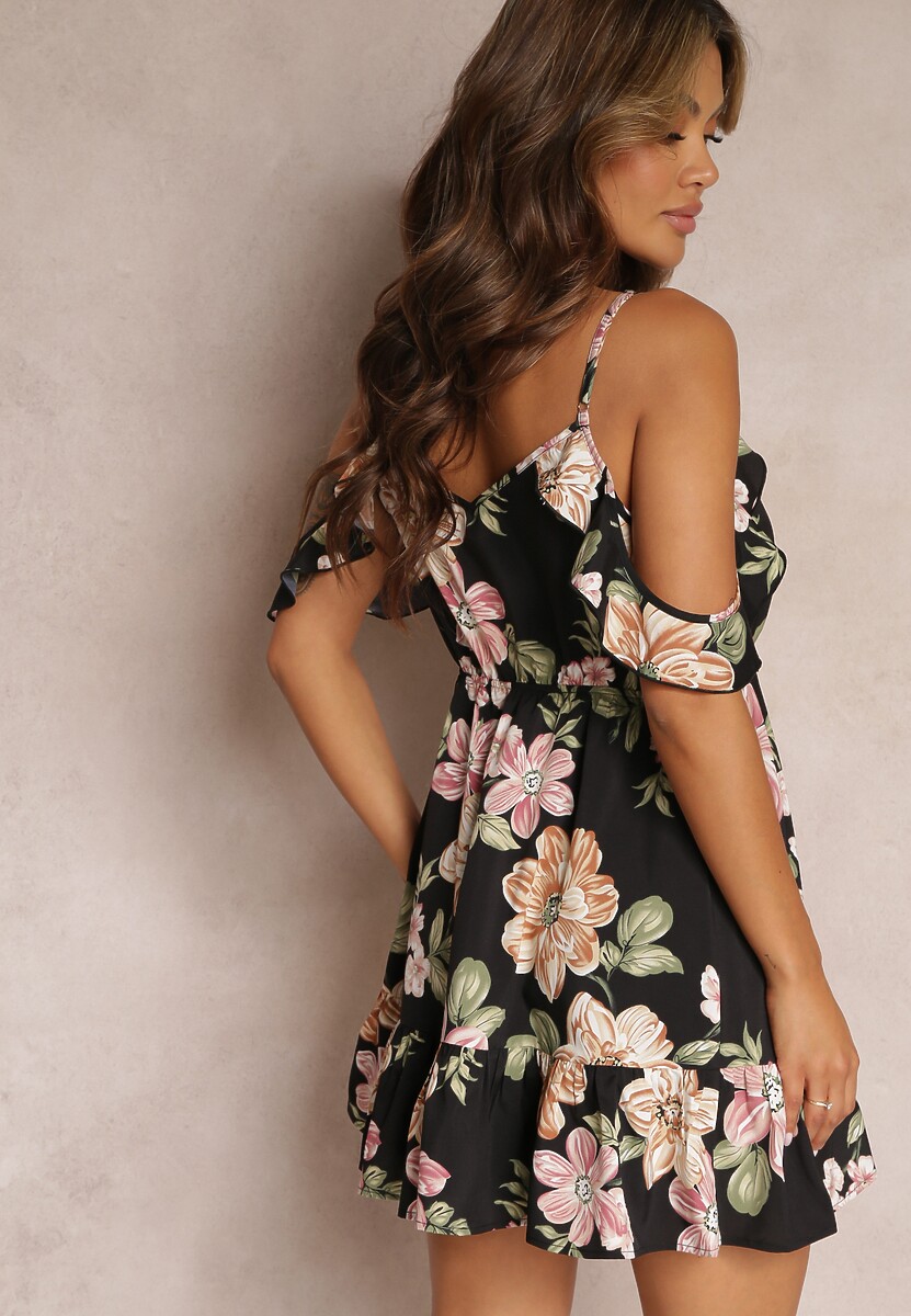 Czarna Rozkloszowana Sukienka w Kwiaty z Falbanami Nonare