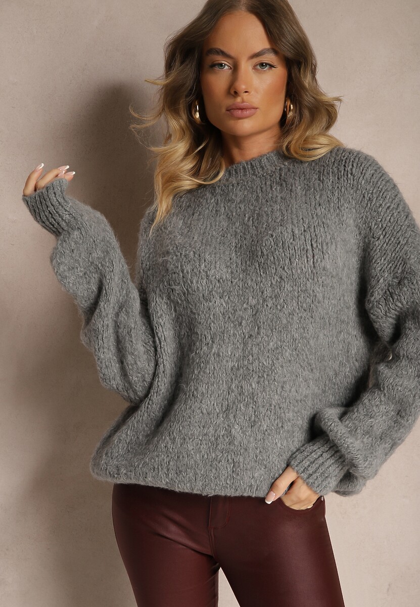 Brązowy Klasyczny Sweter z Wełną i Wiskozą o Luźnym Kroju Omethea