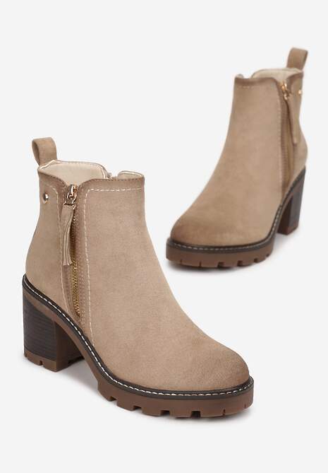 Beżowe Botki na Słupku Boho z Suwakiem Kodra