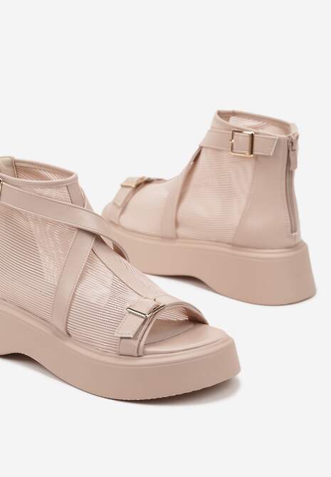 Beżowe Botki na Platformie Ozdobione Siateczką i Klamrą Eleazetta