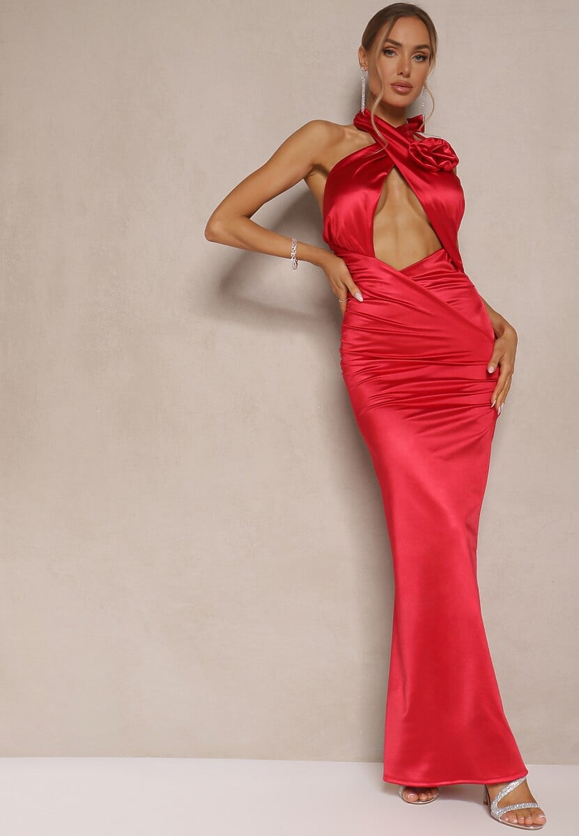 Beżowa Sukienka z Satyny Wiązana na Szyi Dopasowana z Wycięciem i Kwiatem Ronalae