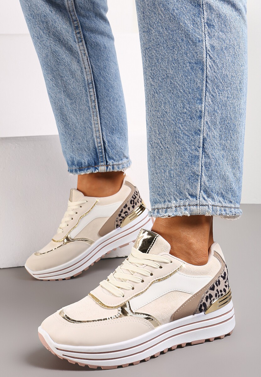 Beżowe Sneakersy na Wysokiej Podeszwie z Błyszczącymi Wstawkami Lovana