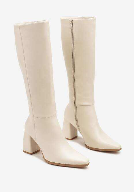 Beżowe Kozaki na Obcasie Typu Stożek w Klasycznym Stylu Lanile