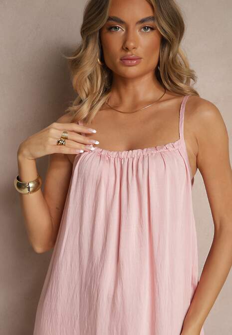 Różowa Sukienka o Rozkloszowanym Kroju z Elastycznym Dekoltem Revore