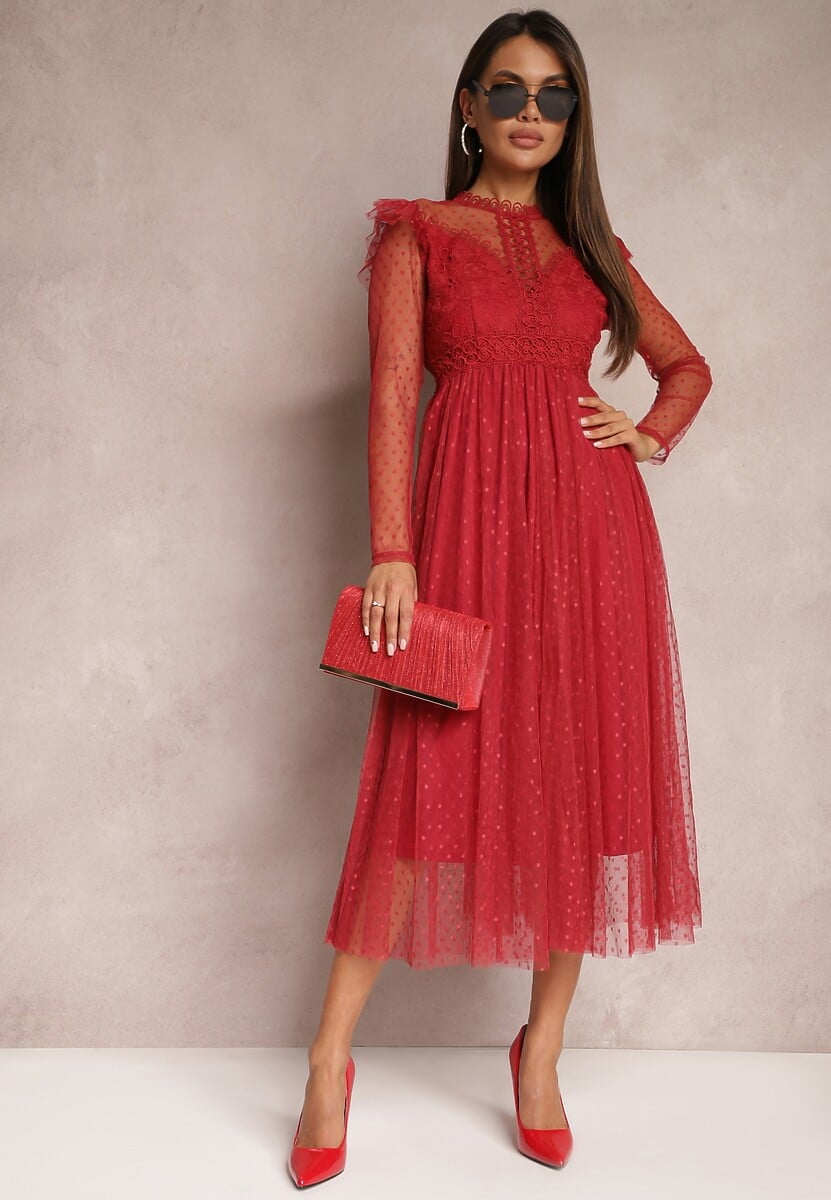 Bordowa Sukienka z Koronką i Tiulem Welvia