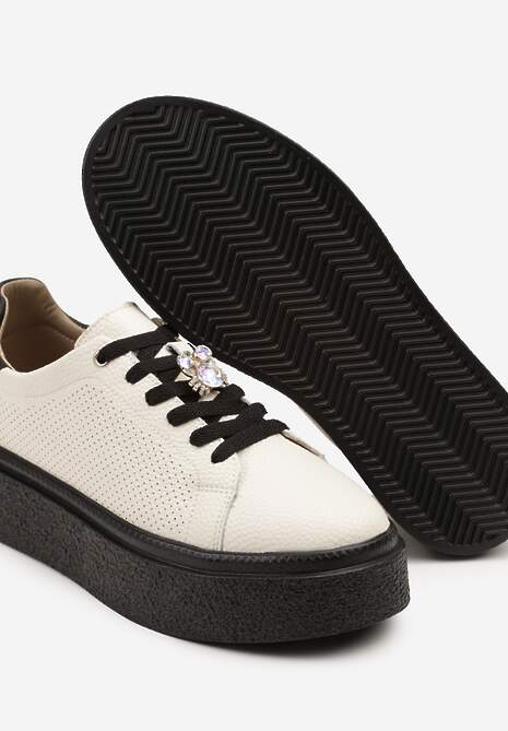 Beżowo-Czarne Skórzane Sneakersy na Platformie Ozdobione Perforacją Marival