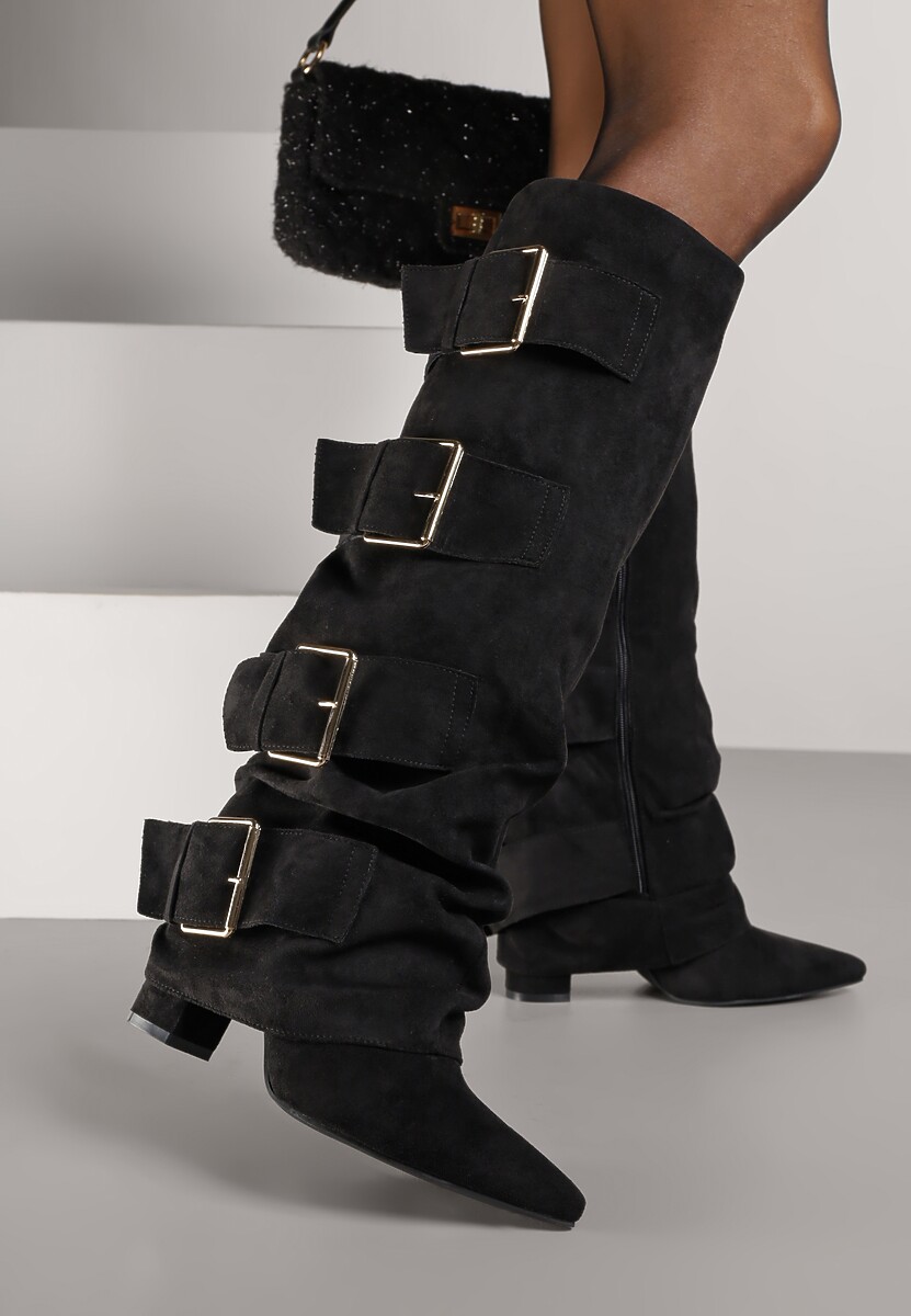 Czarne Kozaki na Słupkowym Obcasie z Klamrami i Cholewką Imitującą Nogawkę Arwellia