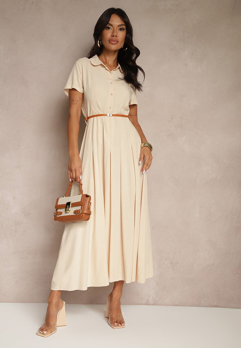 Beżowa Koszulowa Sukienka z Wiskozy z Cienkim Paskiem Filanella