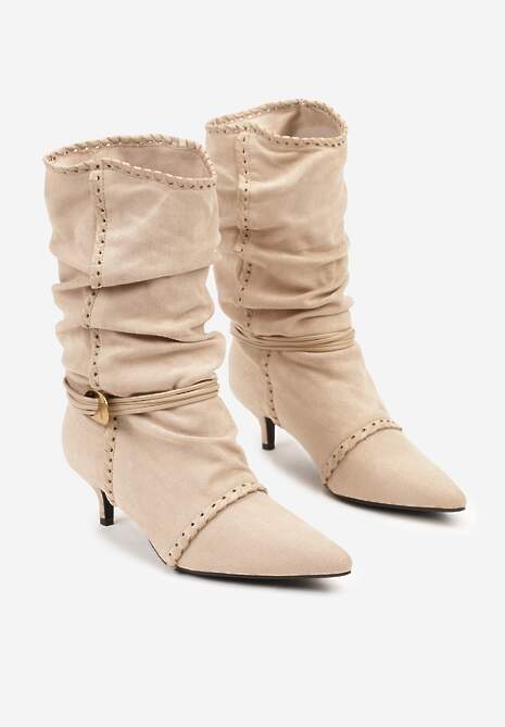 Beżowe Botki na Kaczuszce Slouchy Ozdobione Metaliczną Aplikacją i Sznurkiem Avodvire