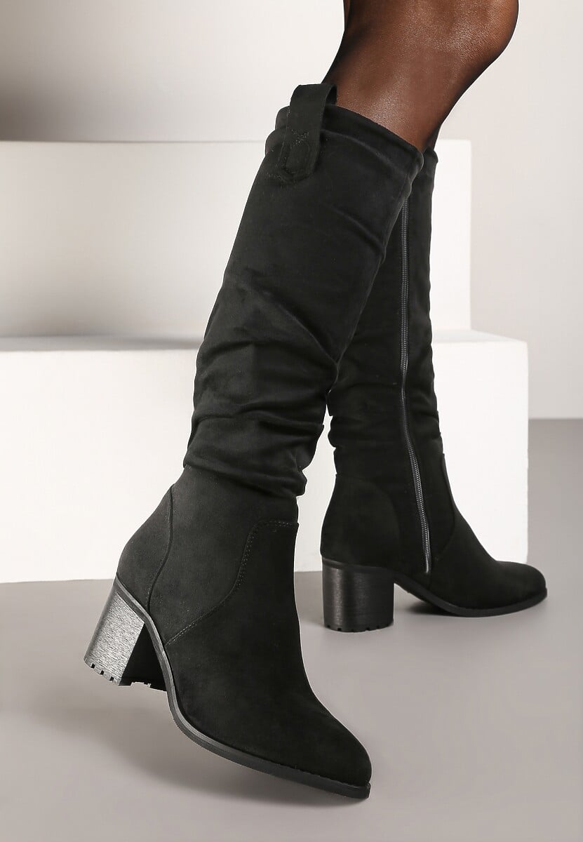 Czarne Kozaki na Klasycznym Słupku z Imitacji Zamszu Misokse