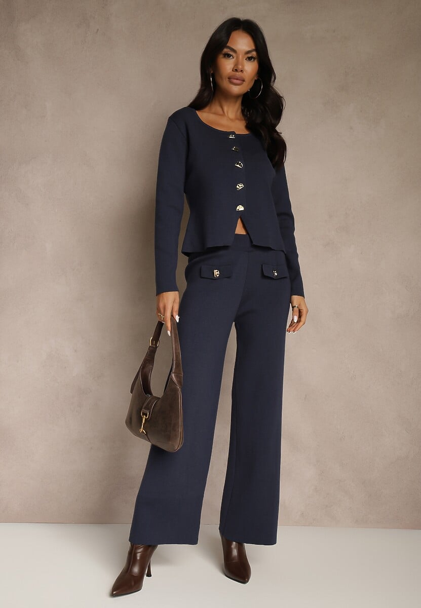 Granatowy Elegancki Komplet z Dzianiny z Wiskozą Kardigan i Spodnie Delinavea