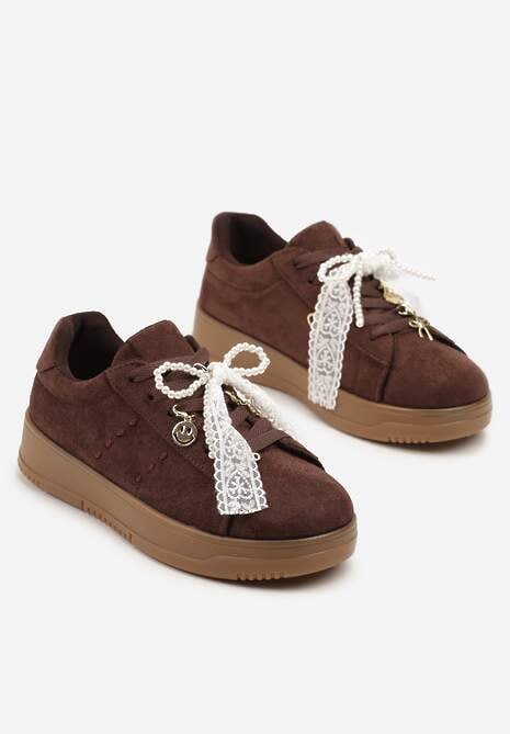 Brązowe Sneakersy na Niskiej Platformie z Aplikacjami i Kokardkami Divienne